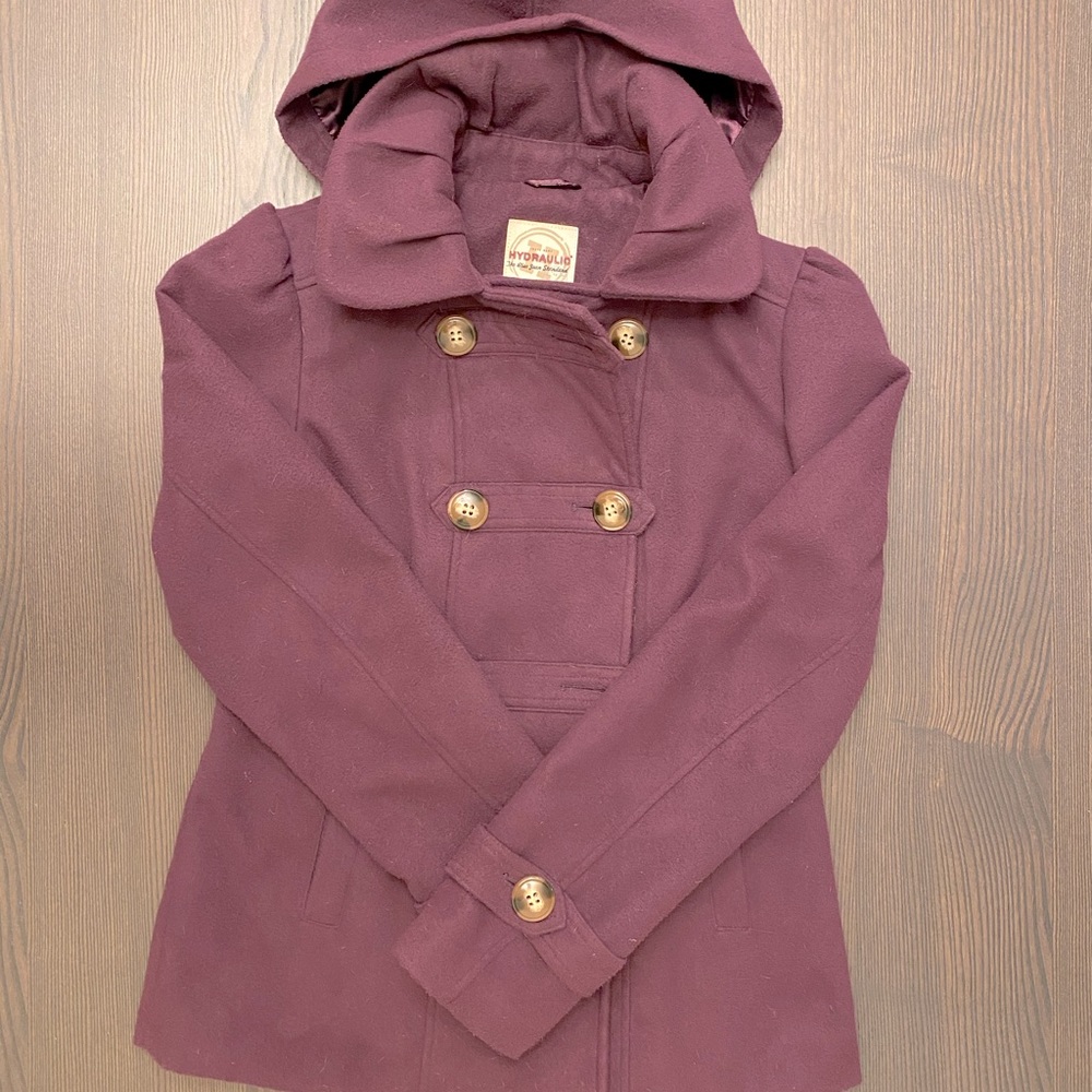 Hooded maroon/purple pea coat - Picture 4 of 4